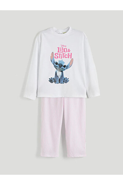 LC Waikiki Σετ πιτζάμες για κορίτσια LCW Kids White Crew Neck Stitch με τύπωμα
