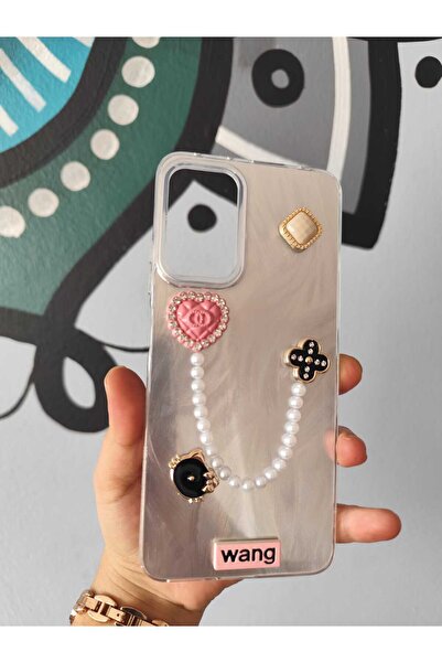 TEKNO Ipohone 11 Pro 3D Kabartmalı İnci Zincirli Fiyonk Parlak Gümüş Kalpli Kapak Kılıf