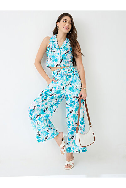 Globus By Styli Blue Floral Print Crop Shirt and Wide Leg Trousers Co-ords