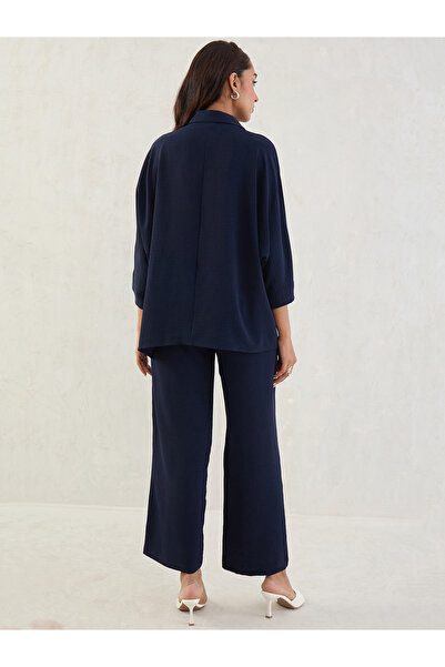 Femmella By Styli Navy Kimono Sleeve Shirt and Trousers Co-Ords