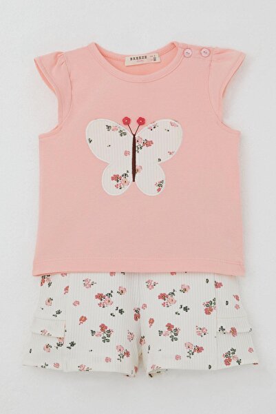 Breeze Baby Girl Shorts Set Flower Printed Butterfly Embroidered Button Accent Pieces 6 Months-2 Years, Salmon