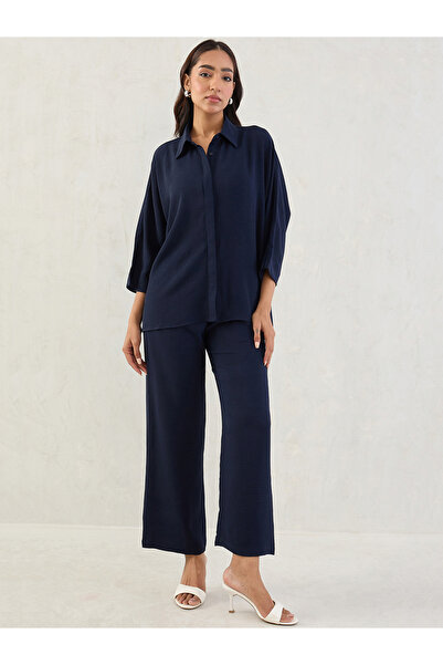 Femmella By Styli Navy Kimono Sleeve Shirt and Trousers Co-Ords