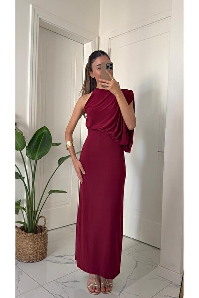 Solie Bordo Tek Omuz Zarif Dökümlü Maxi Elbise