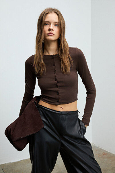 GRIMELANGE Sway Women's Round Neck Functional Button Closure Front Flexible Fabric Crop Brown Blouse