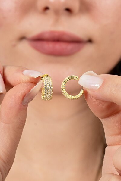 Söğütlü Silver 925 ayar gümüş küpe altın yaldızlı zirkon taşlı 3 sıra tamtur halka küpe SGTL13163GOLD