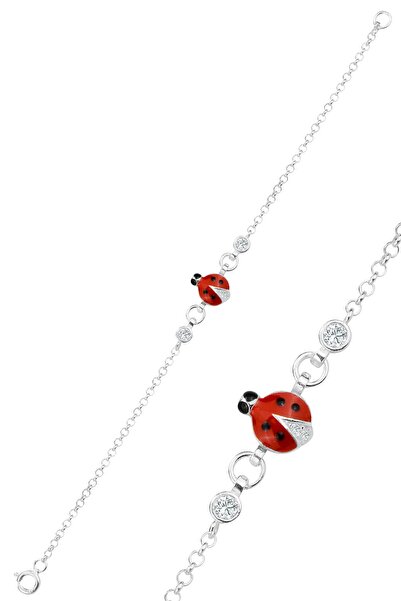 Söğütlü Silver 925 ayar gümüş bileklik zirkon taşlı kırmızı mineli uğur böceğ...