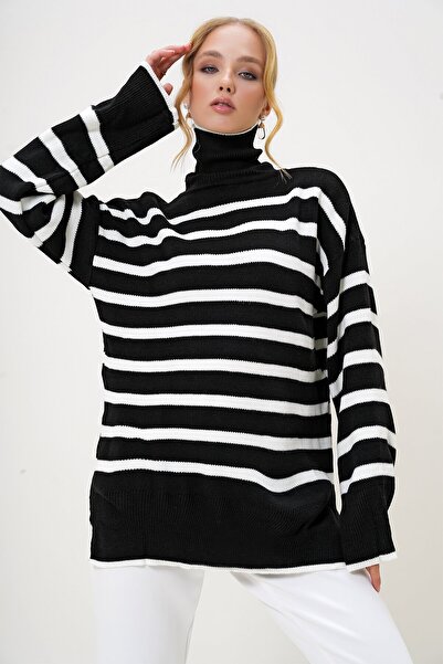 VAGGON Γυναικείο πλεκτό πουλόβερ με ρίγες oversized με ζιβάγκο Prmx13006