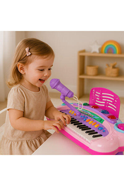 Bebelul Pian Muzical Interactiv pentru Copii Roz cu Microfon si MP3