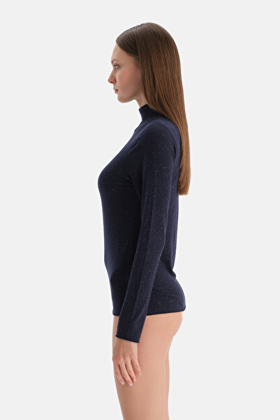 Dagi Navy Blue Lureks Modal Cashmere Turtleneck Long Sleeve Top