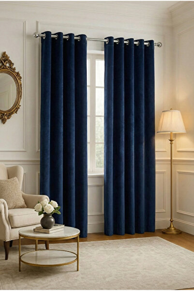Bercem Home Velvet Textured Rustic Background Curtain - Navy Blue - Bird's Eye Stitching