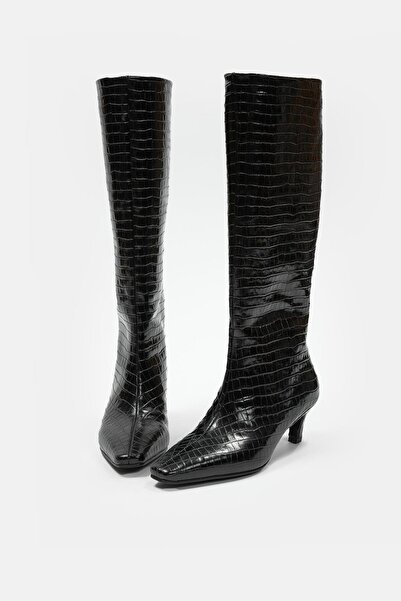 NILUFARR Rolene Black Crocodile Genuine Leather Short Heeled Women's Boots
