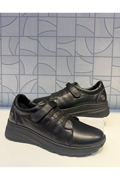 Anıl Ayakkabı B1 4080 Women's Black Genuine Leather Orthopedic Velcro Daily Comfortable Sports Shoes