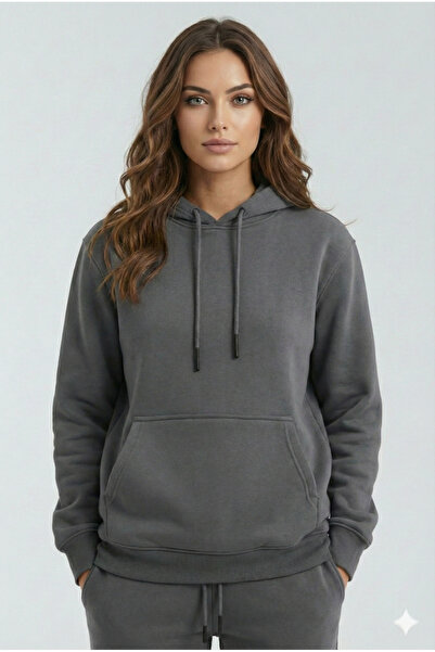 OXVİN Φούτερ με κουκούλα με σκούρο καπνιστό σχέδιο καγκουρό (με βαμβακερή επένδυση)