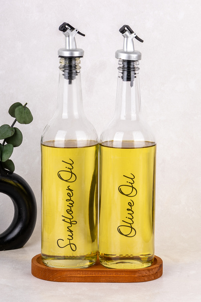 Dolkin Home 2li 750ml Cam Yağdanlık Seti Ahşap Stant Gümüş Tıpa Zeytinyağı Ay...
