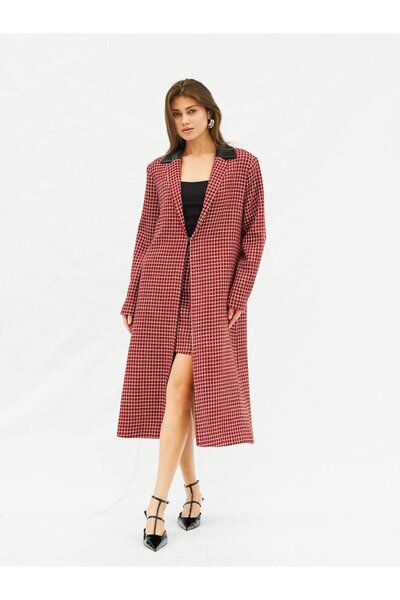 Coral 170504 Deri Yaka Uzun Kaban Kırmızı