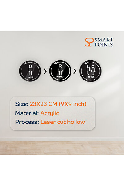 SP SMARTPOINTS Acrylic 3D Restroom Door Sign - Round Black, 23 cm, Wall-Mounted