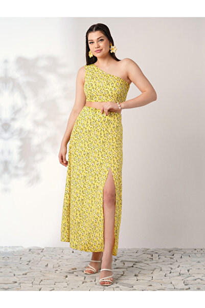 Globus By Styli Yellow Floral One-Shoulder Crop Top and Skirt Co-Ords
