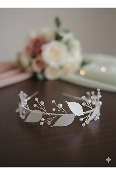 Mirnova İncili Yaprak Model Beyaz Gelin Tacı-Taç-Saç Aksesuarı
