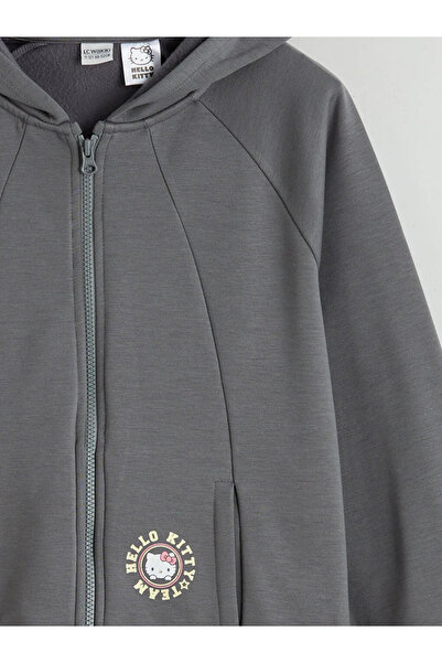 LC Waikiki Hooded Hello Kitty Printed Girls' Zippered Sweatshirt