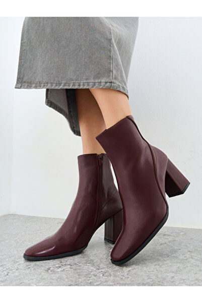 Styli Burgundy Plain Square Toe Block Heel Ankle Boots