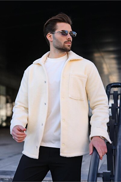 Madmext Ανδρικό παλτό πουκάμισο εκρού με κούμπωμα και πλαϊνές τσέπες E6769