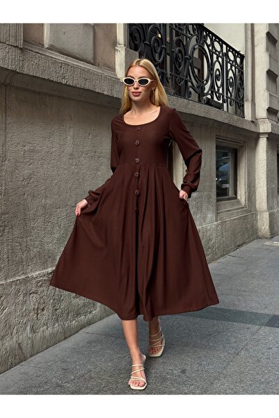 Tubik Women's U-Neck Button Detailed Pocketed Ottoman Fabric Dress