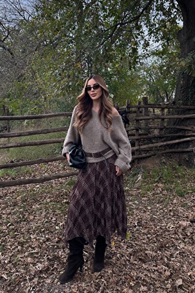 Laluvia Кафява асиметрична пола с квадратен десен - 2210