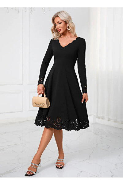 JANES Γυναικείο μακρυμάνικο φόρεμα με λαιμόκοψη σε σχήμα V με λεπτομέρεια κοπής με λέιζερ, φόρεμα για ειδικές περιστάσεις