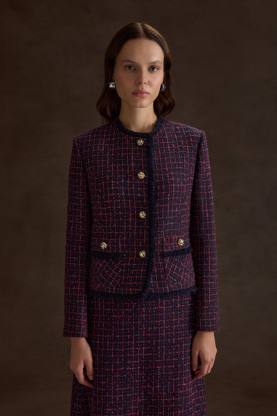 Aker Ekose Tweed Kumaş Püskül Detaylı Kısa Ceket