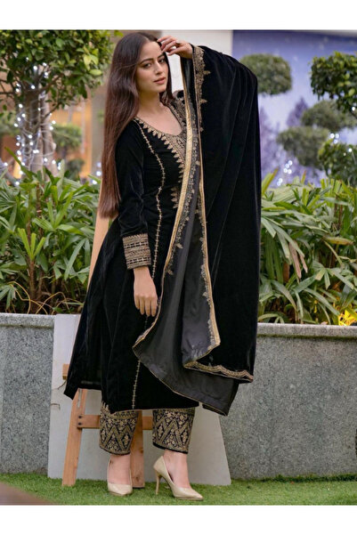 MYSMAR Black Viscose Velvet Top Bottom & Dupatta - HRT5523 | Black