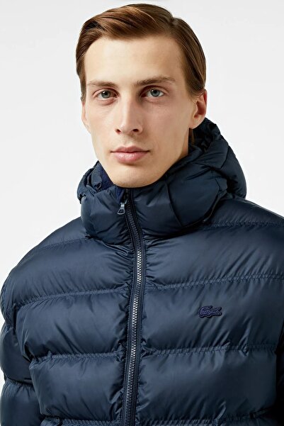 Lacoste Synthetic Fill Puffer Jacket Detachable Hood Men's Puffer Coat Navy Blue