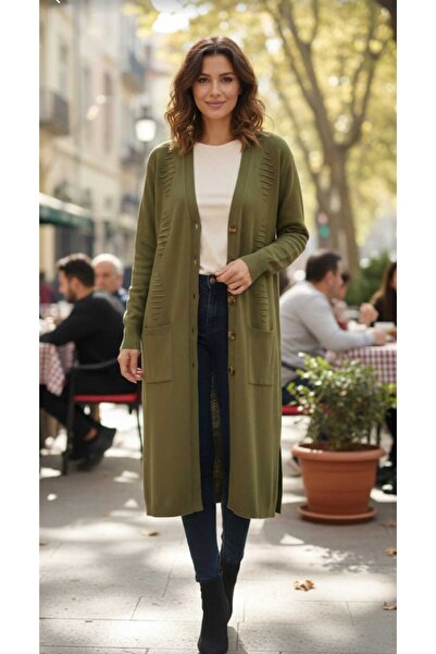 güncüoğlu Long Sleeve Knee-Length Buttoned One Size Knitwear Cardigan