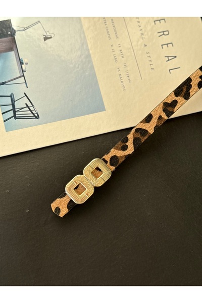 TABA BUTİK حزام نسائي من جلد الغزال بنقشة الفهد مع تفاصيل مشبك ذهبي 105 سم