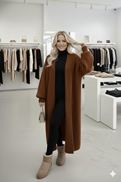 Sfg Life Moda Women's Shawl Collar Oversized Knitwear and Bearded Furry Cardigan