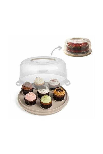 Housevetta 2-in-1 cupcake and cake stand, plastic, with lid and handle, diameter 28 cm, beige