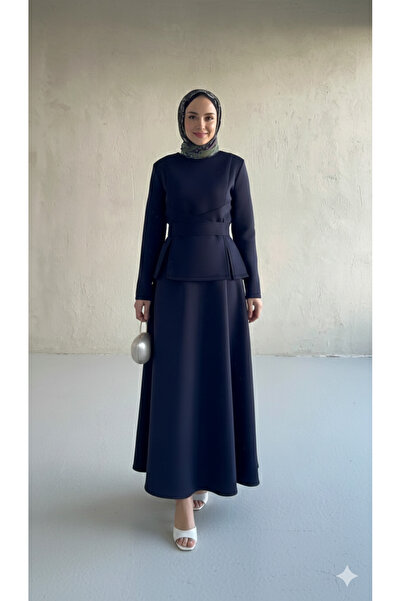 Blue Morpho Scuba Fabric Belt Detailed Skirt Set