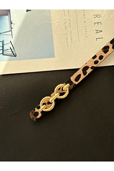 TABA BUTİK Γυναικεία σουέτ ζώνη με λεοπάρ σχέδιο με χρυσή αγκράφα 105 εκ.