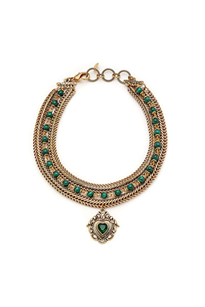 Mon Reve Muse Kalp Charm Malahit Doğaltaş Altın Kaplama Zincir Kolye