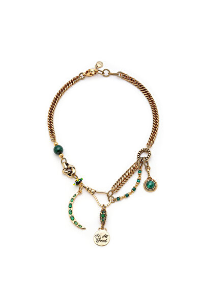 Mon Reve Glow Root Malahit Doğaltaş Ay Charm Altın Kaplama Zincir Kolye