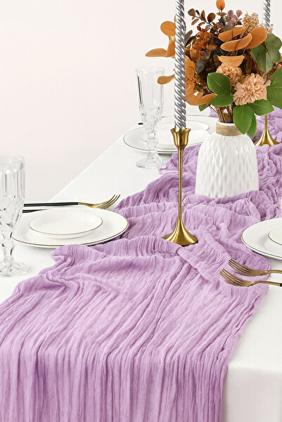 Hobi Goom Lilac Chiffon Draped, Wrinkled Textured Decorative Fabric Bohemian Table Runner |   180X80 cm