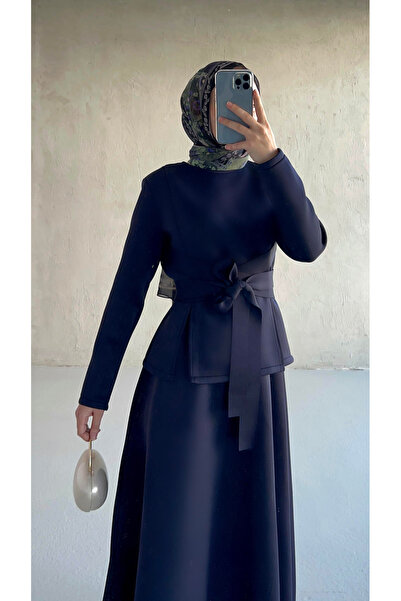 Blue Morpho Scuba Fabric Belt Detailed Skirt Set