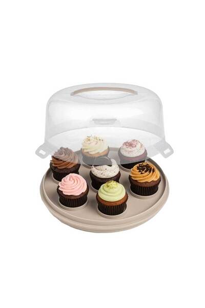 Housevetta 2-in-1 cupcake and cake stand, plastic, with lid and handle, diameter 28 cm, beige