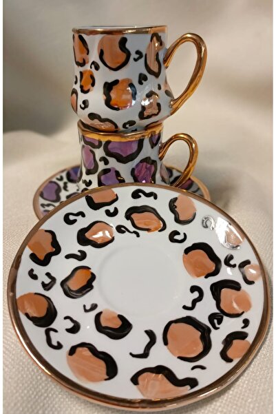 BY.RAYKA PORSELEN El Dekor Leopard Porcelain El Boyama 2-Piece Coffee Cup Set
