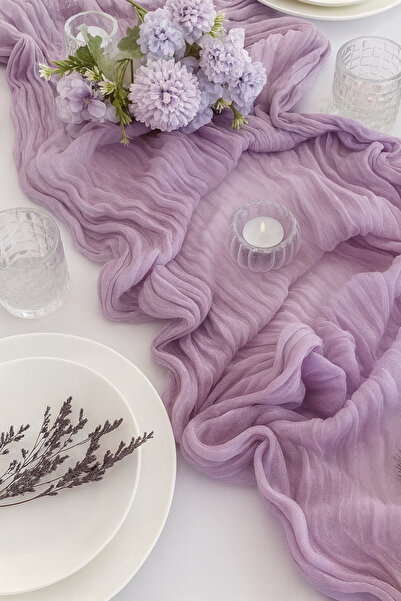 Hobi Goom Lilac Chiffon Draped, Wrinkled Textured Decorative Fabric Bohemian Table Runner |   180X80 cm