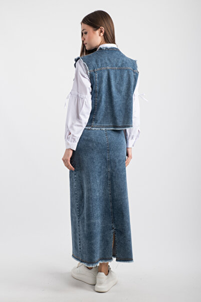 Hatun Atila Distressed Detailed Denim Vest and Long Denim Skirt Two-Piece Set