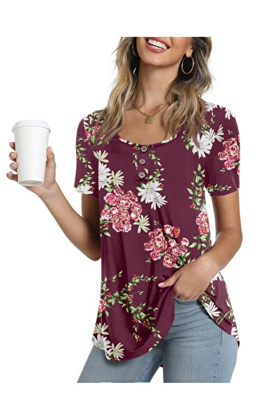 OEM Bluză casual pentru femei, top cu mânecă scurtă, vișiniu cu flori, mărimea L