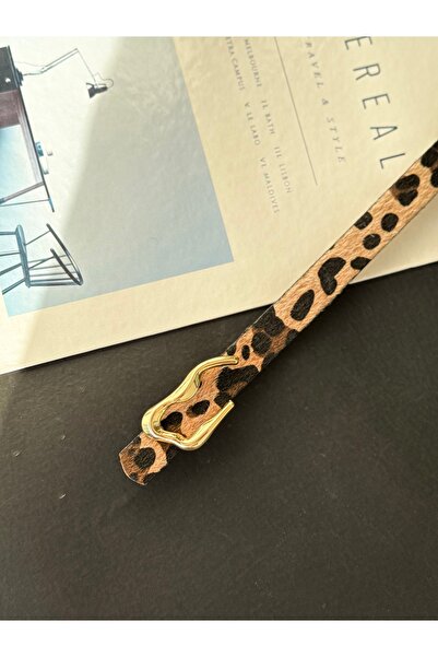 TABA BUTİK Gold Buckle Detailed Leopard Patterned Women's Suede Belt 105 cm