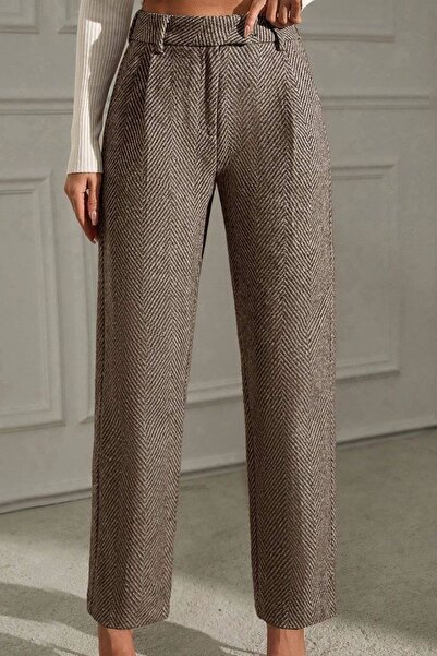 Ronasia Kadın Balıksırtı Desenli Yüksek Bel Düz Kesim Kışlık Pantolon