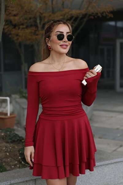 QİMYA BUTİK BUKETLİ Kadın İnce Scuba Kumaş Eteği Çift Kat MADONNA Yaka Uzun K...