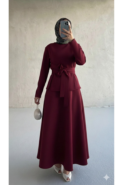 Blue Morpho Scuba Fabric Belt Detailed Skirt Set